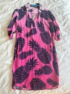 Tori Richard Pink Dress with Navy Pineapple Print